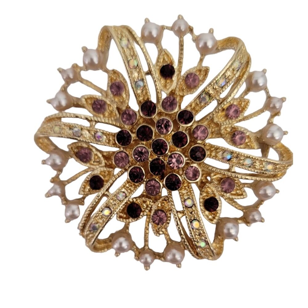 Anne Klein Gold Tone AB, Purple Rhinestone, Faux Pearl Star Brooch, Signed M339